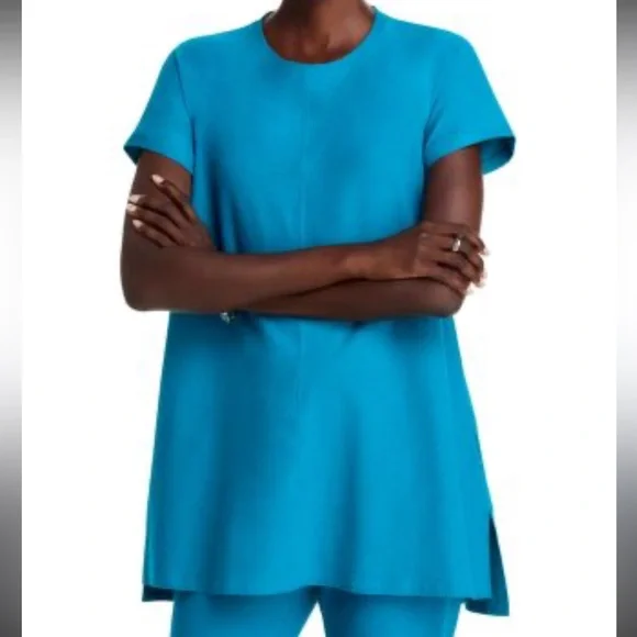 $228 NWT Eileen Fisher Jewel Crew Neck Tunic short sleeve top Blue Large - Picture 1 of 6
